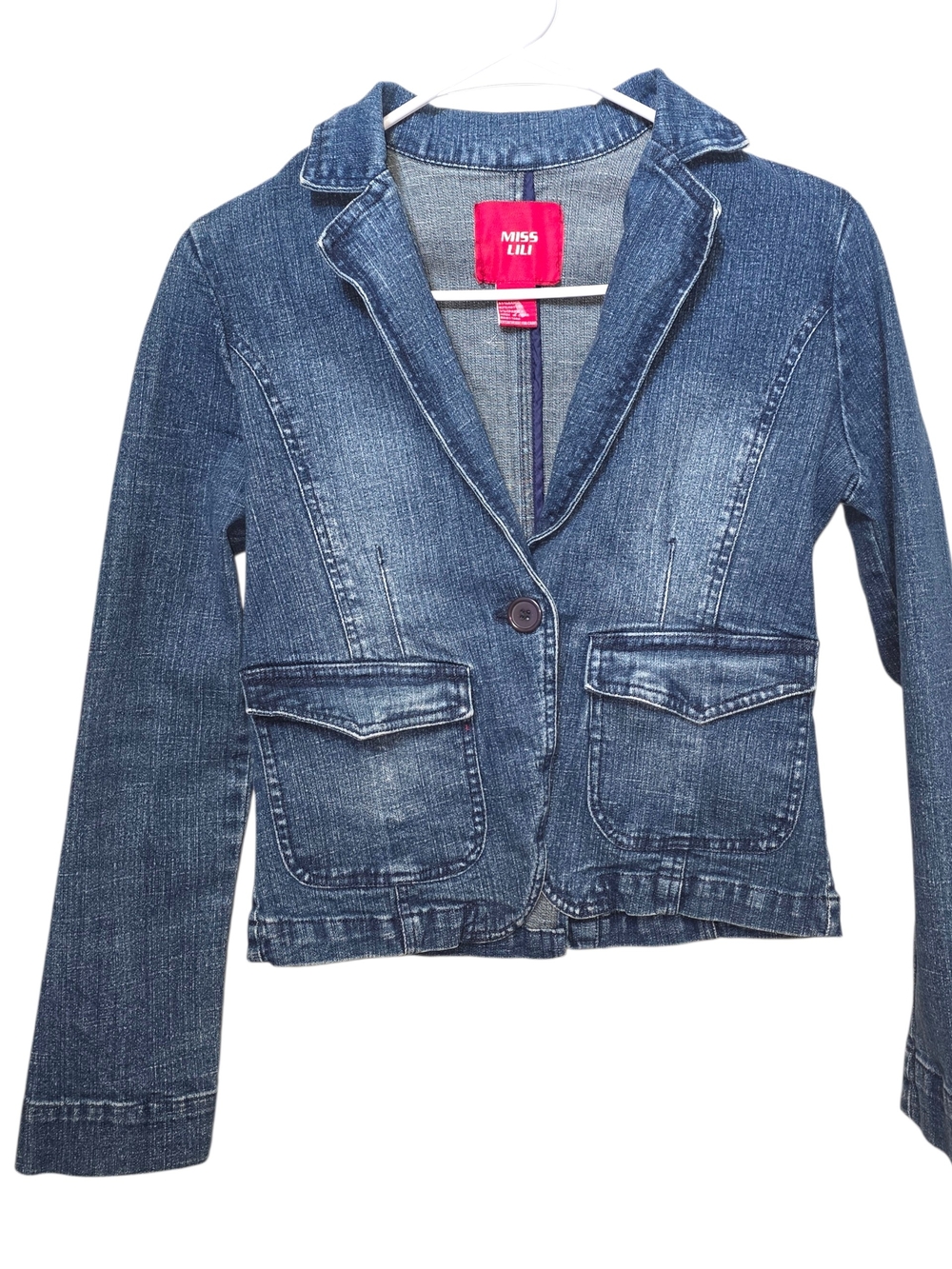 Miss Lili Dark Blue Denim One-Button Blazer Jacket